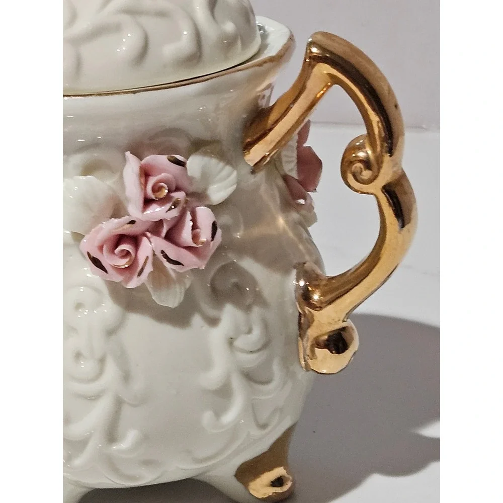 Vintage Miniature Porcelain Teapot Pink 3D Roses Gold Trim Embossed Scroll Decor